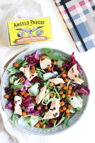 Insalata mista con riso venere e salmone sott'olio Angelo Parodi