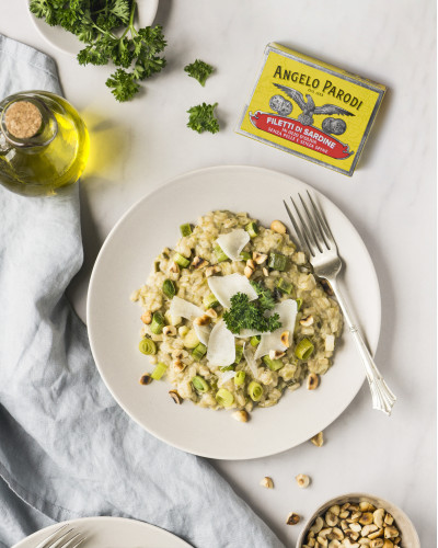 Risotto porri, formaggio e Filetti di Sardine in Olio d’ Oliva Angelo Parodi