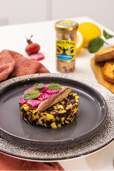 Tartare di mango e riso venere con Filetto di Sgombro al naturale Angelo Parodi