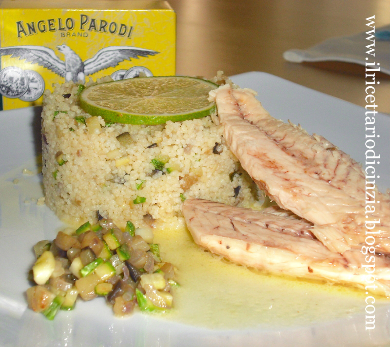 Cous cous con brunoise di zucchine e melanzane e Filetti di Sgombro in Olio d'Oliva Angelo Parodi