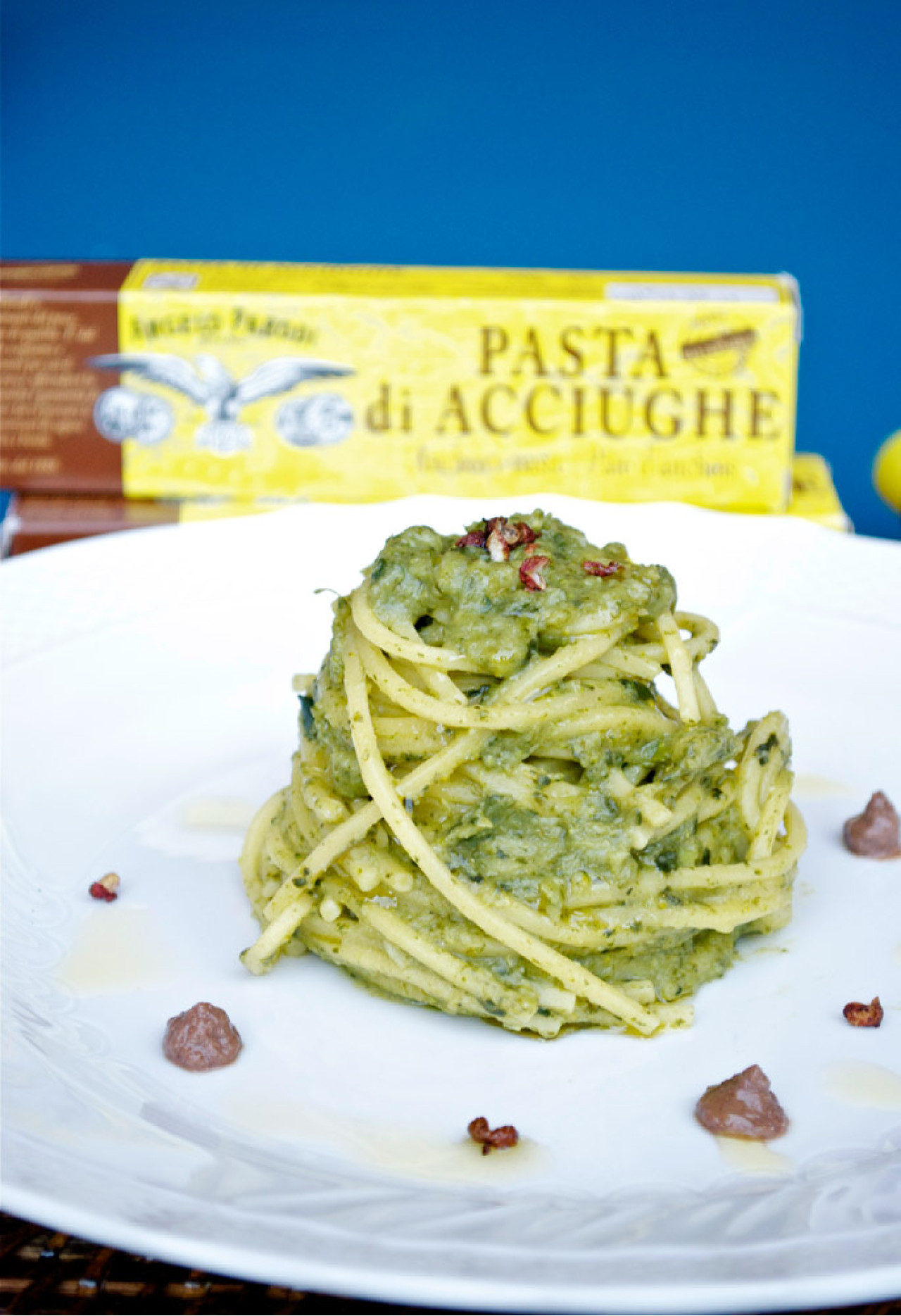 Spaghetti alla chitarra con crema di broccoli, Pasta di Acciughe Angelo Parodi e pepe di Sichuan