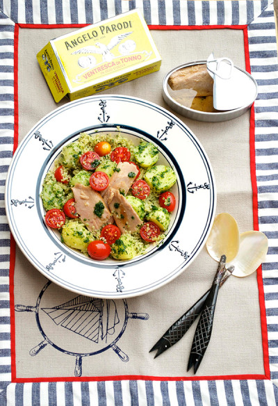 Insalata di cous cous con patate al prezzemolo e Ventresca di Tonno in Olio d'Oliva Angelo Parodi