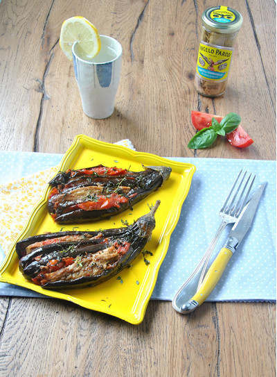 Ventagli di melanzane farcite con Filetti di Tombarello in Olio d'Oliva Angelo Parodi e pomodoro