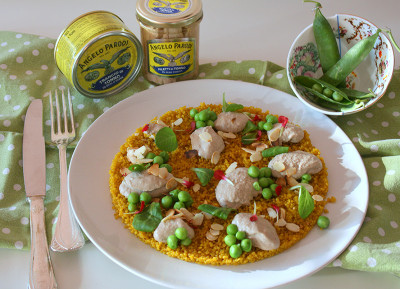 Quinoa alla curcuma con piselli, mousse di Trancio di Tonno in Olio d'Oliva Angelo Parodi