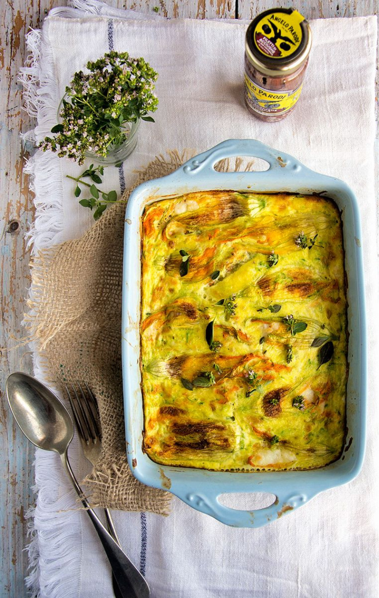 Clafoutis di Fiori di Zucca, primo sale e Filetti di Acciughe del Mar Cantabrico Angelo Parodi