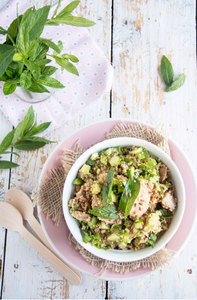 Cous cous con Trancio di Tonno in Olio d'Oliva Angelo Parodi e zucchine marinate al limone e menta