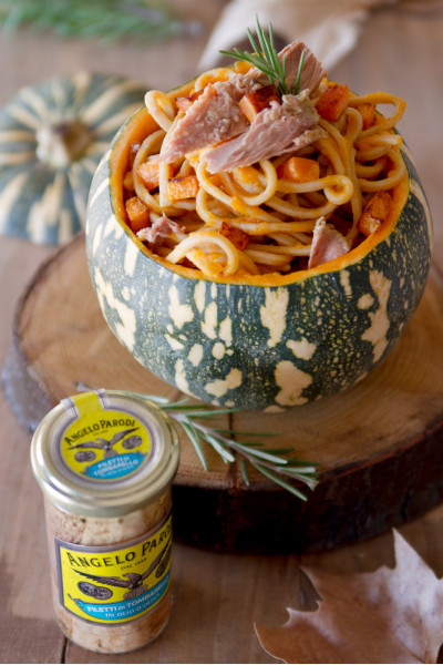 Spaghetti con zucca e Filetti di Tombarello in Olio d'Oliva Angelo Parodi