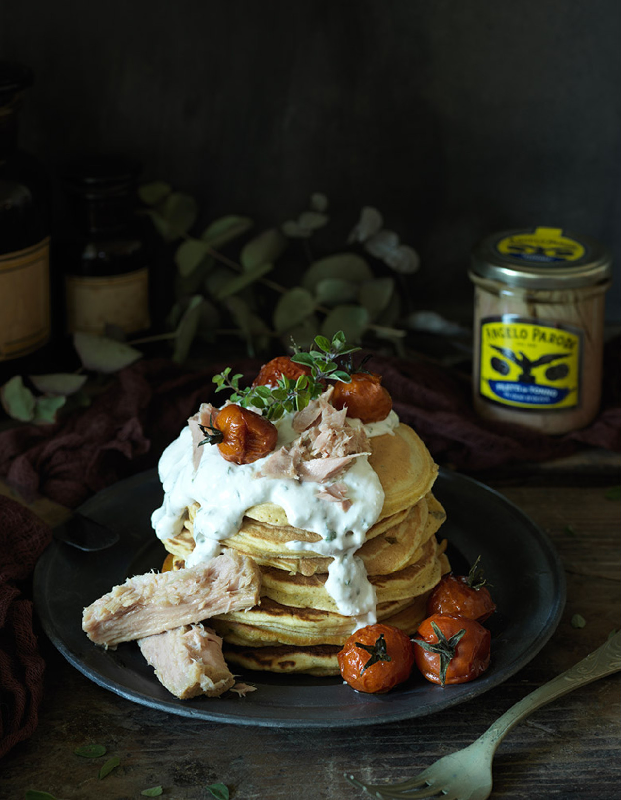 Pancake salati con panna, pomodorini caramellati e Filetti di Tonno in Olio d'Oliva Angelo Parodi
